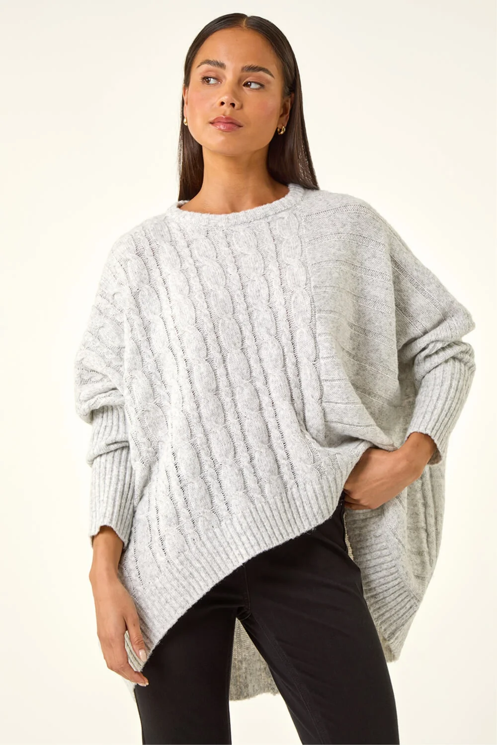 Roman Grey Petite Contrast Cable Knit Jumper - S Image 1