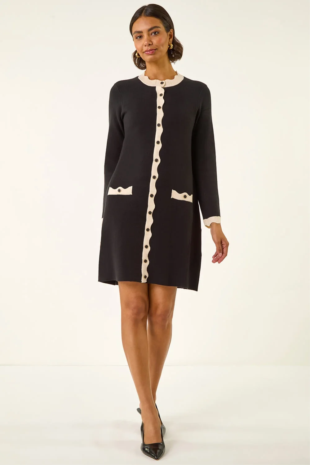 Roman Black Scalloped Button Through Knit Dress - 20 Image 3