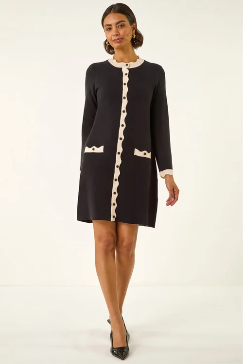 Roman Black Scalloped Button Through Knit Dress - 20 Image 3