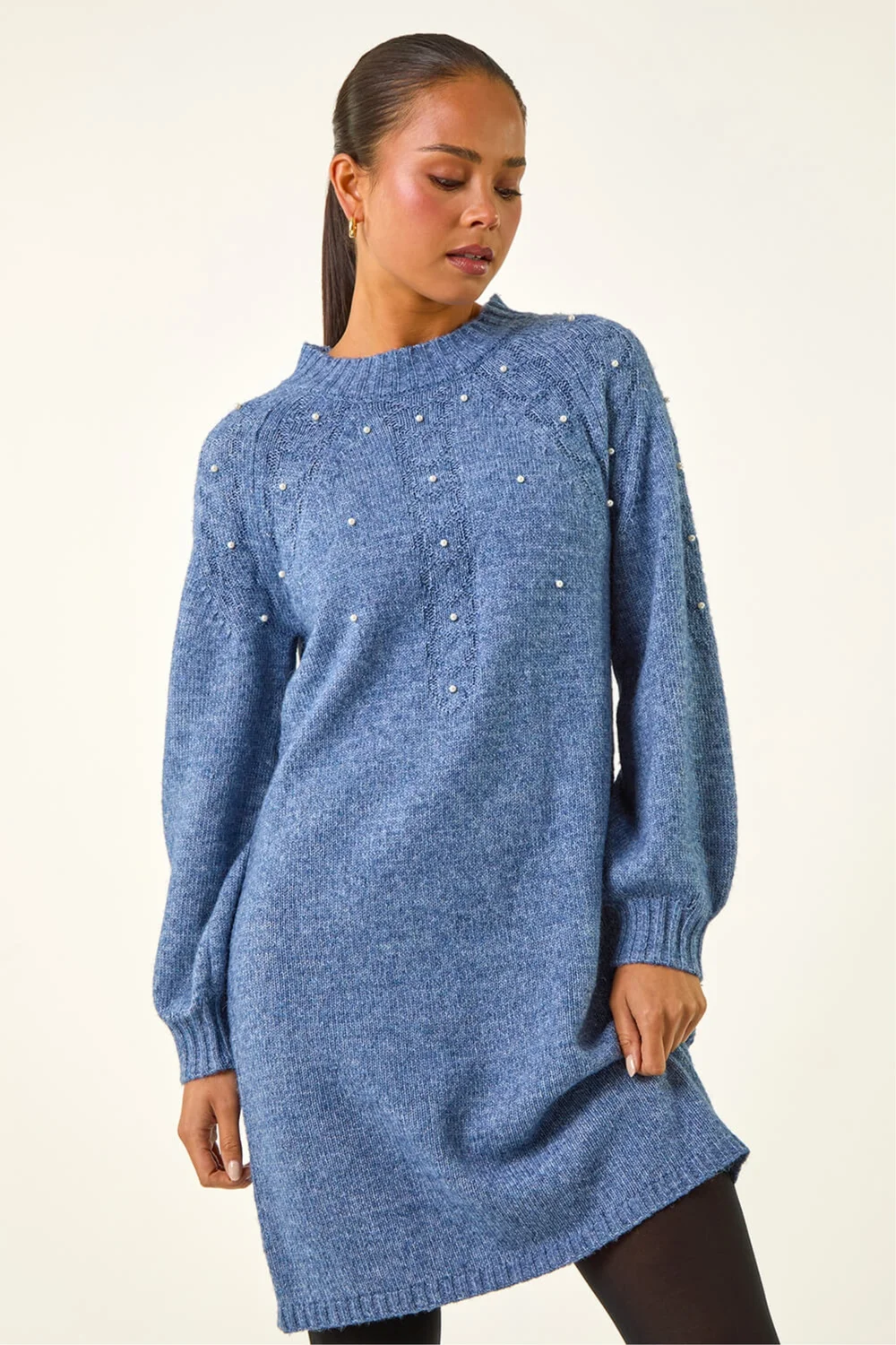 Roman Blue Petite Embellished Faux Pearl Knit Dress - 12 | Matalan Roman Blue Petite Embellished Faux Pearl Knit Dress - 12 | Matalan
