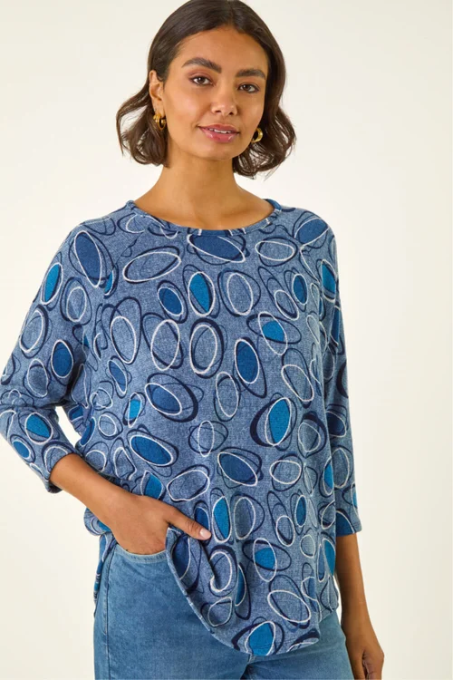 Roman Blue Abstract Printed Raglan Top - Size 18 Image 2