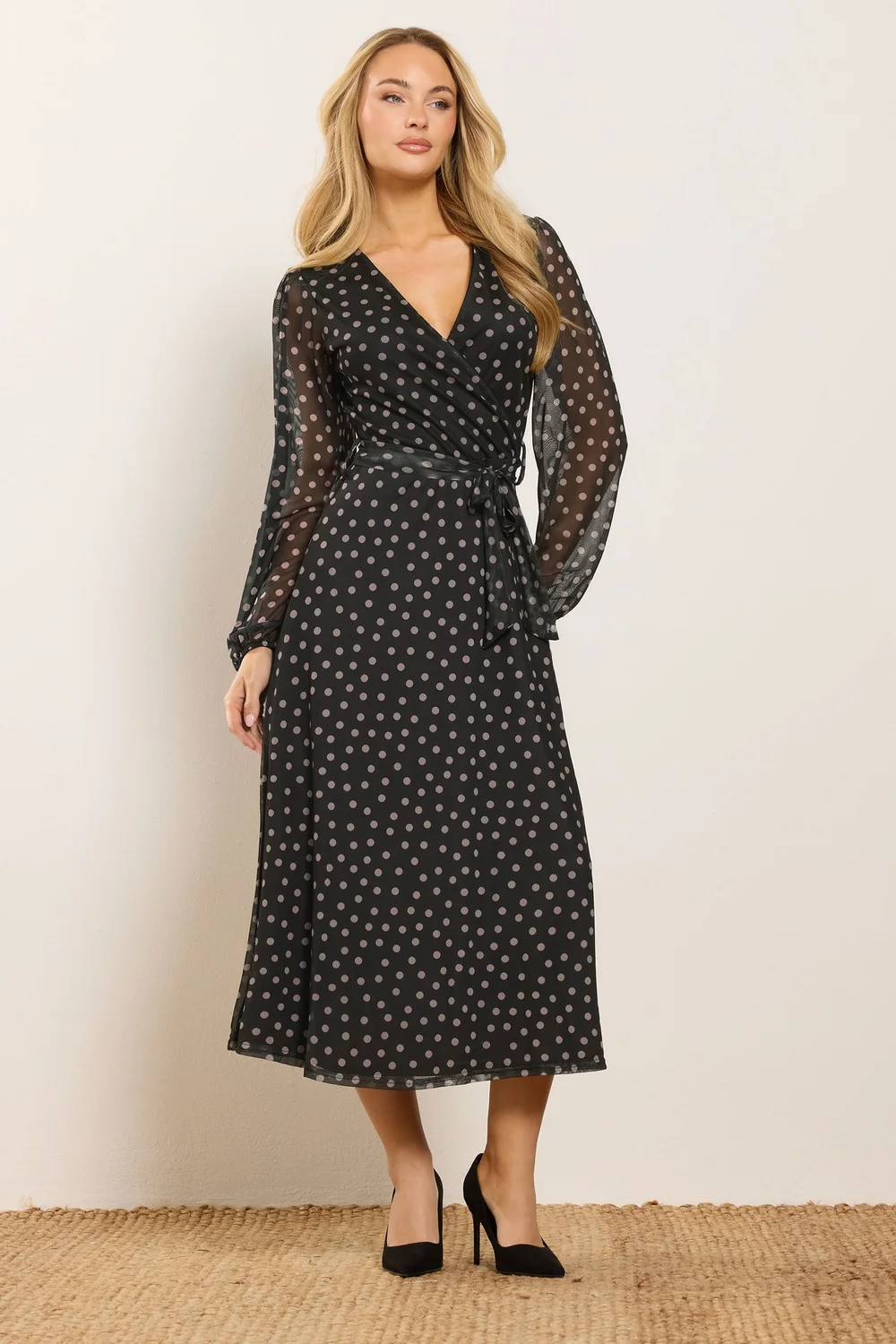 M&Co Black Polka Dot Mesh Wrap Dress - 16 | Matalan M&Co Black Polka Dot Mesh Wrap Dress - 16 | Matalan