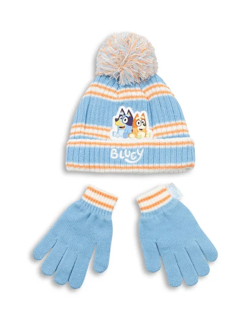 Bluey Kids Blue With Orange Stripes Beanie & Gloves - One Size Image 1