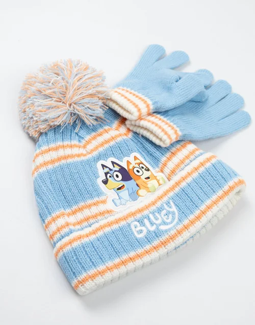 Bluey Kids Blue With Orange Stripes Beanie & Gloves - One Size Image 3