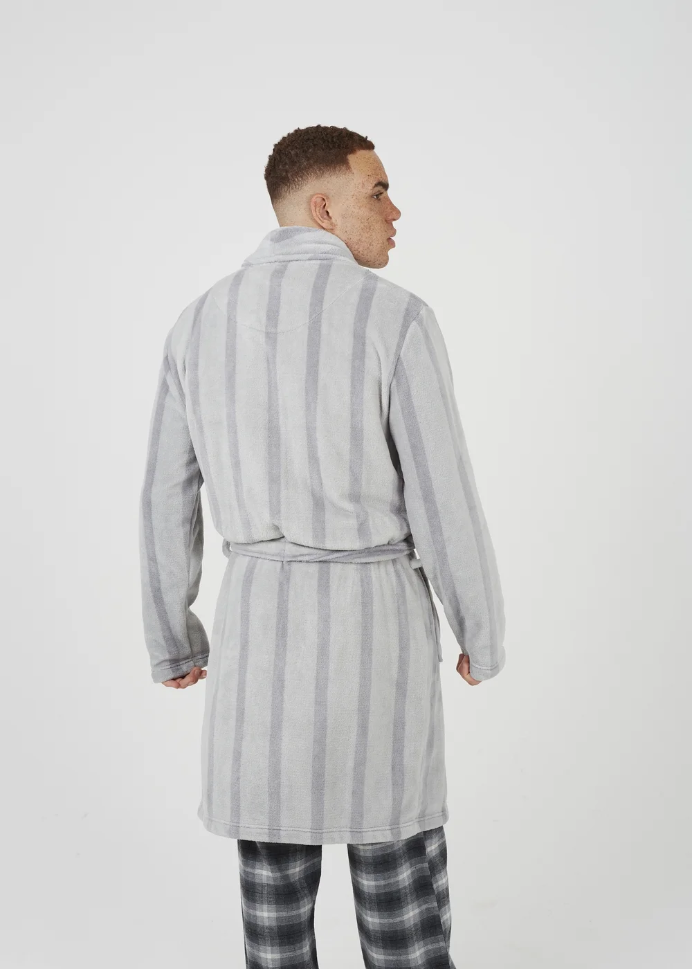 Brave Soul Grey Striped Long Length Sherpa Dressing Gown - Small Image 2