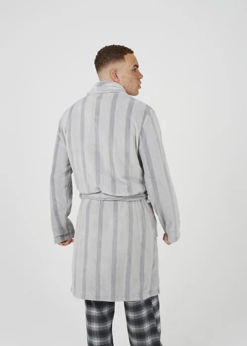 Brave Soul Grey Striped Long Length Sherpa Dressing Gown - Small Image 2