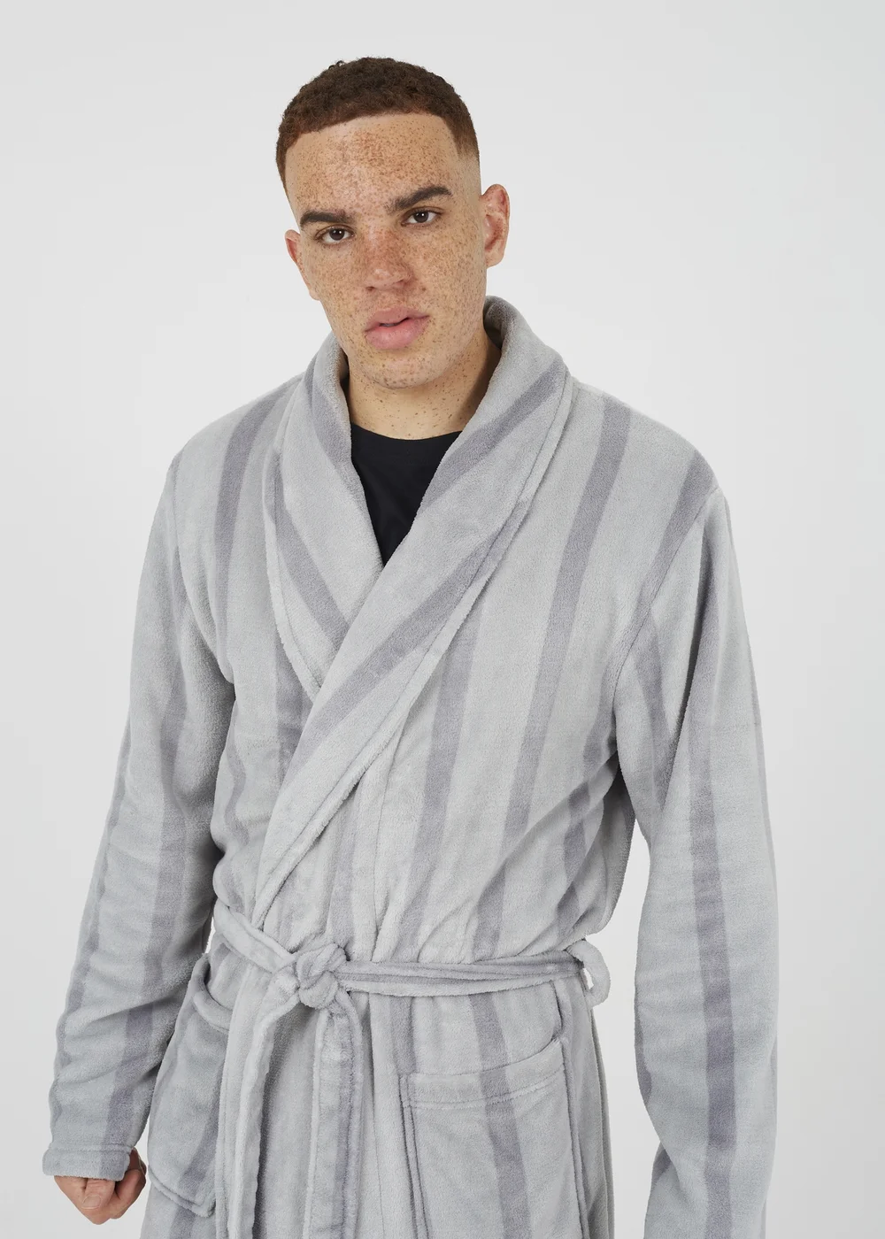 Brave Soul Grey Striped Long Length Sherpa Dressing Gown - Small Image 3
