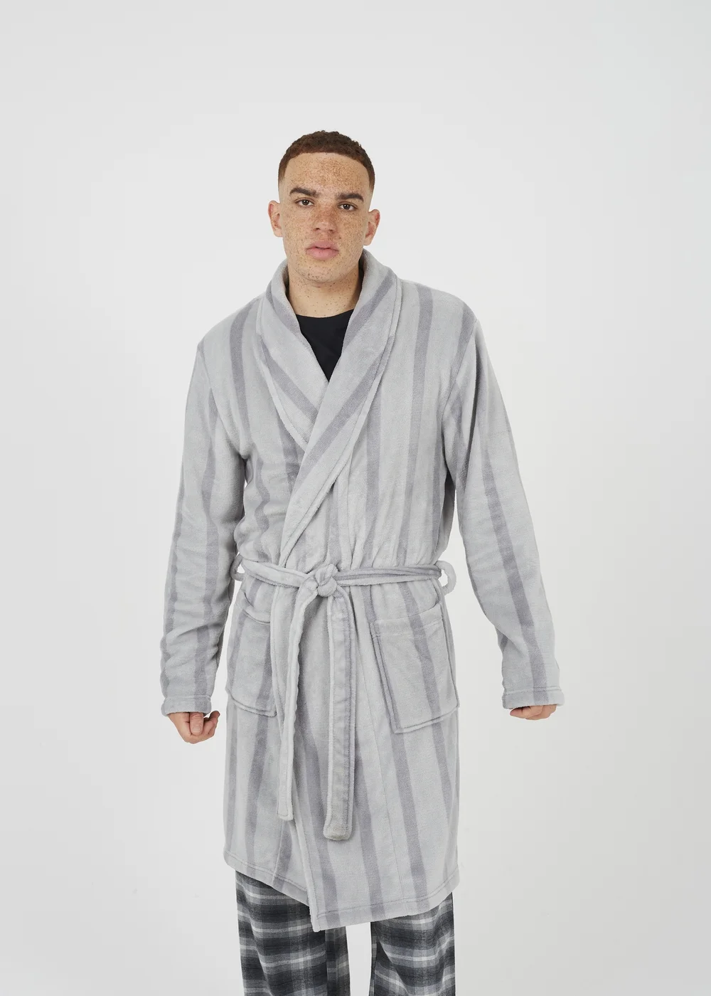 Brave Soul Grey Striped Long Length Sherpa Dressing Gown - Small | Matalan Brave Soul Grey Striped Long Length Sherpa Dressing Gown - Small | Matalan