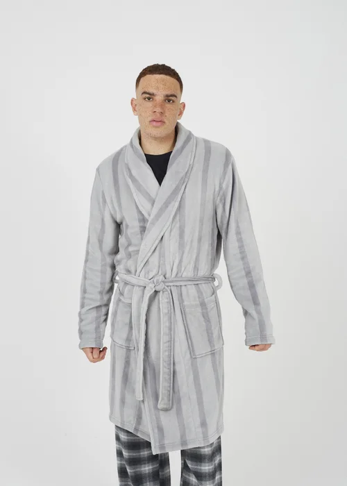 Brave Soul Grey Striped Long Length Sherpa Dressing Gown - Small Image 1