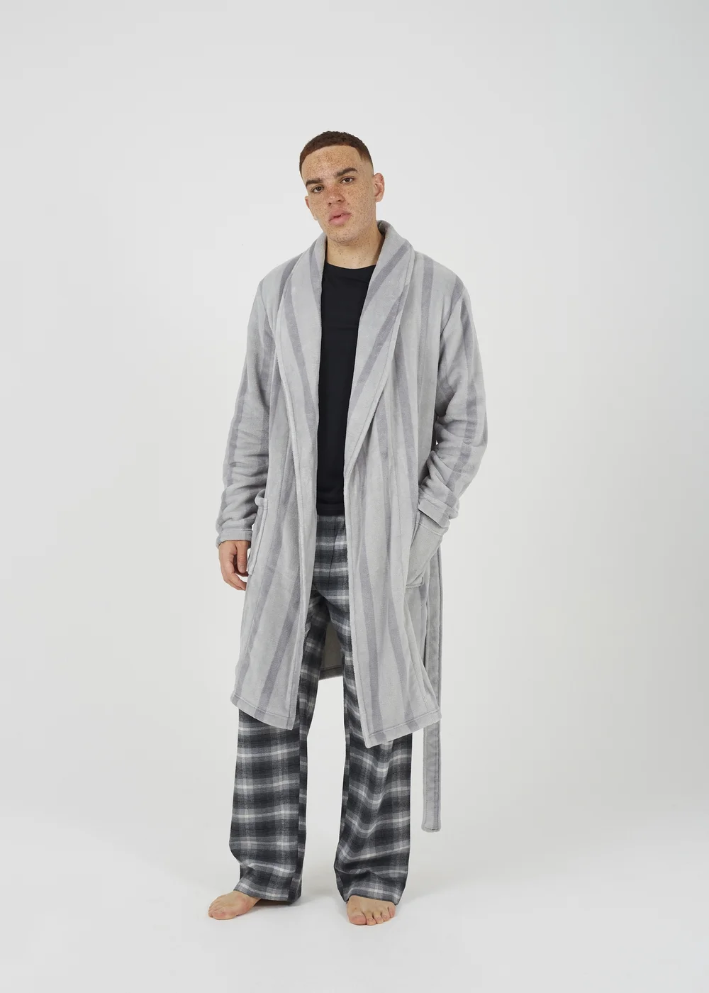 Brave Soul Grey Striped Long Length Sherpa Dressing Gown - Small Image 4