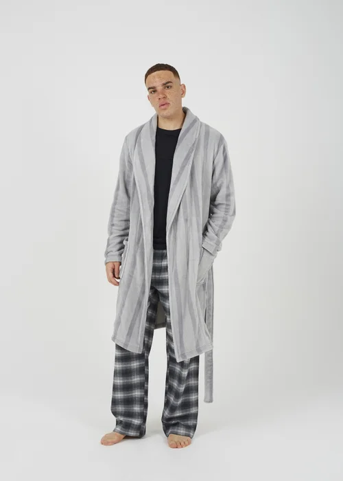 Brave Soul Grey Striped Long Length Sherpa Dressing Gown - Small Image 4