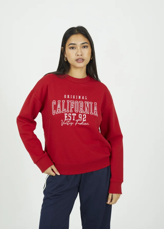 Brave Soul Red Crew Neck Embroidered Sweatshirt