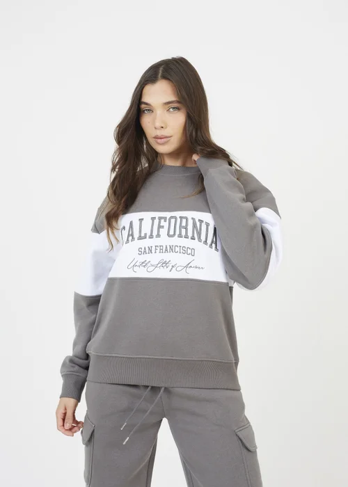 Brave Soul Grey Contrast Stripe Panel Crew Neck Sweatshirt - XS Image 1