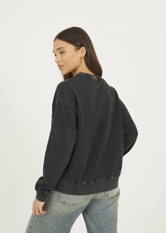 Brave Soul Black Acid Wash Embroidered Sweatshirt