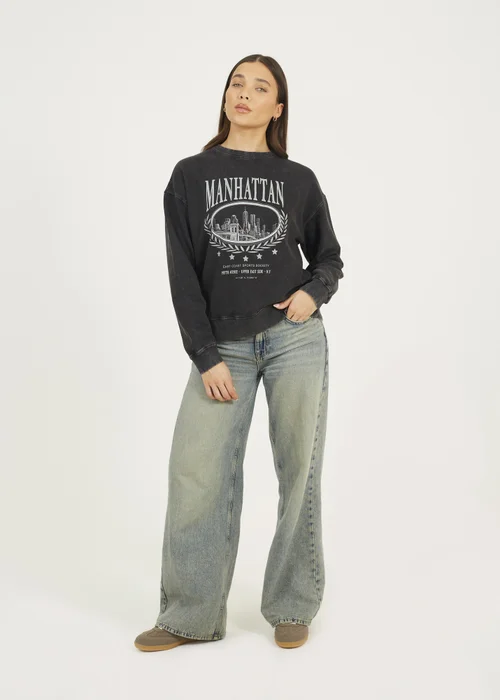 Brave Soul Black Acid Wash Embroidered Sweatshirt - M Image 4