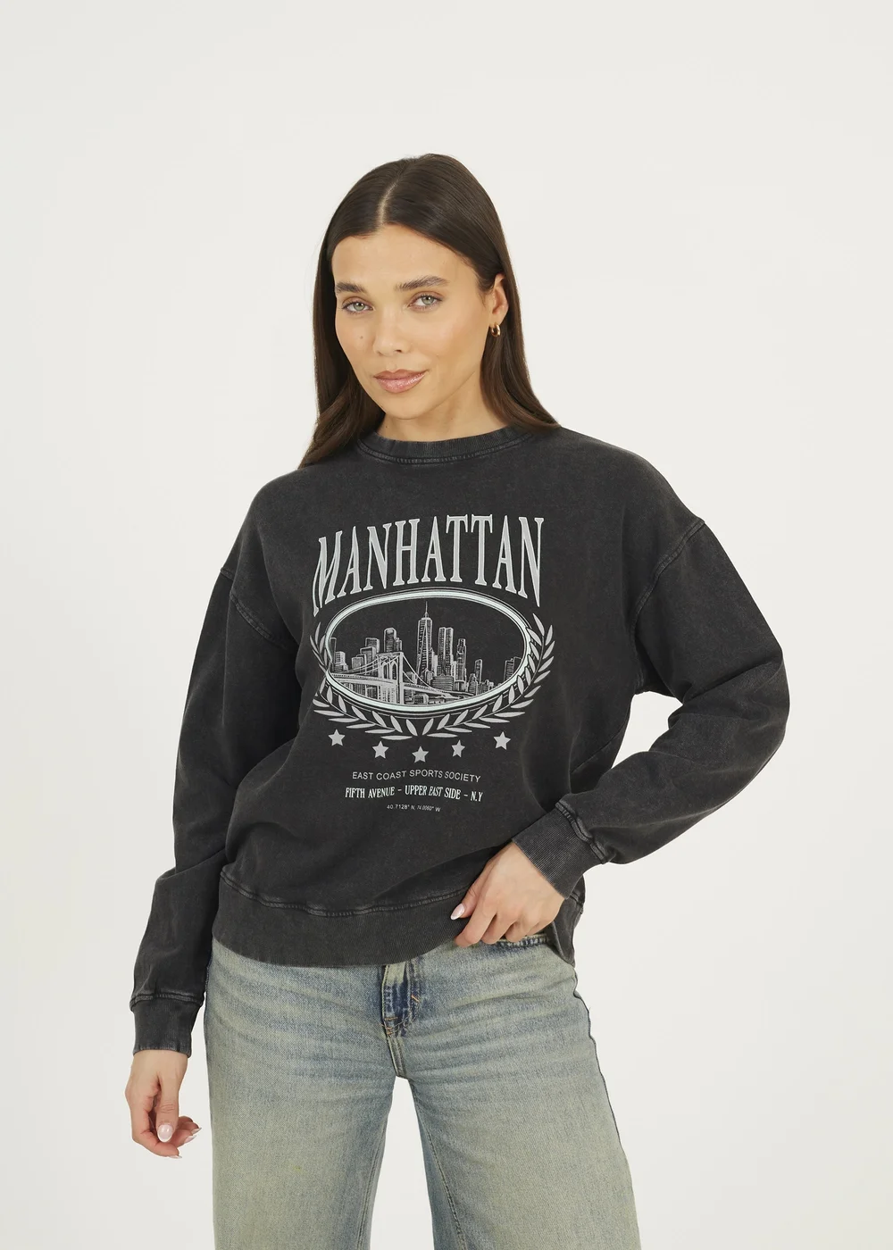 Brave Soul Black Acid Wash Embroidered Sweatshirt - M Image 1