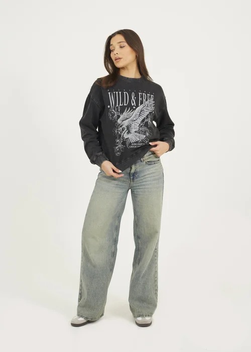 Brave Soul Black Acid Wash Graphic Print Sweatshirt - Small Image 4