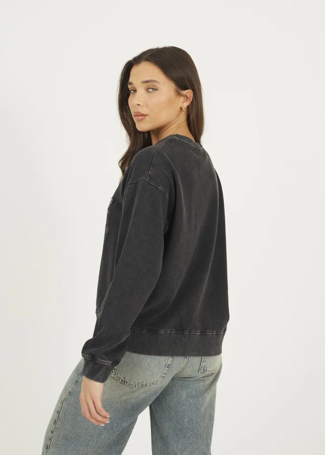 Brave Soul Black Acid Wash Graphic Print Sweatshirt