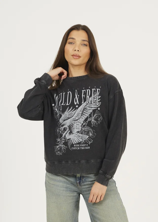 Brave Soul Black Acid Wash Graphic Print Sweatshirt