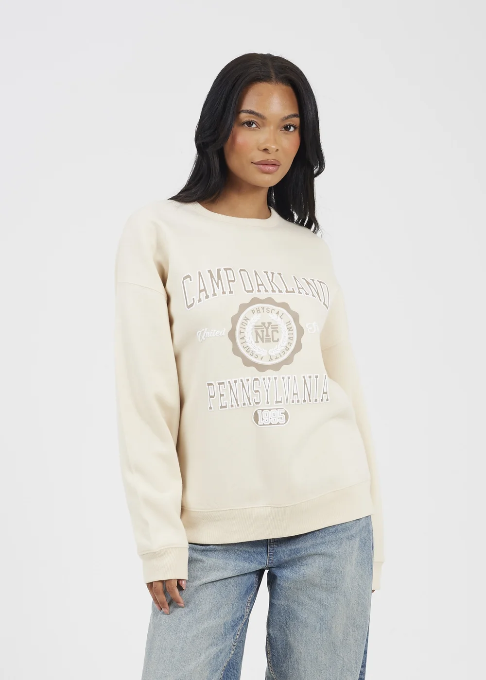 Brave Soul Cream Crew Neck Graphic Print Sweatshirt - Small Image 1