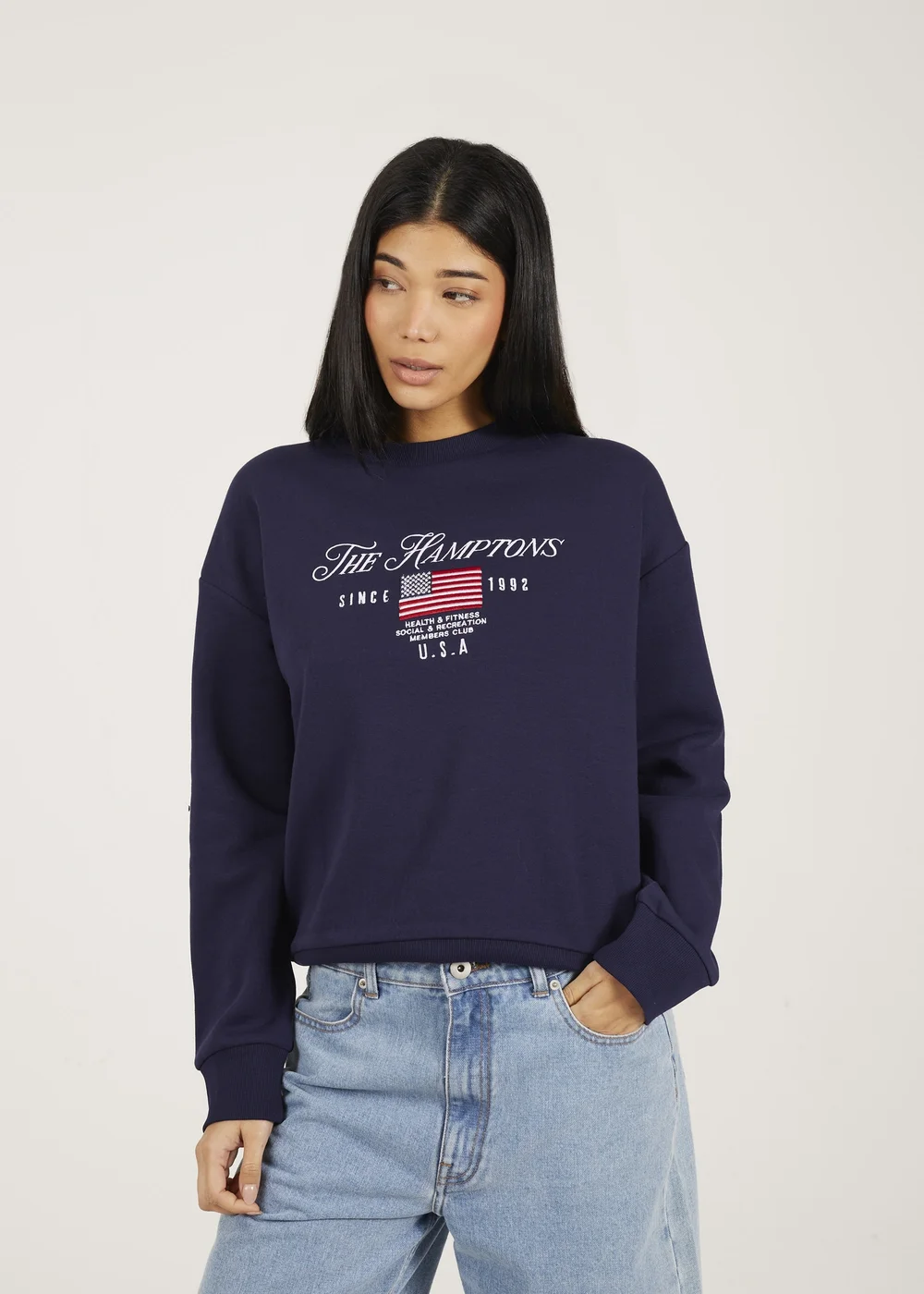 Brave Soul Navy Crew Neck Embroidered Sweatshirt - Medium Image 1