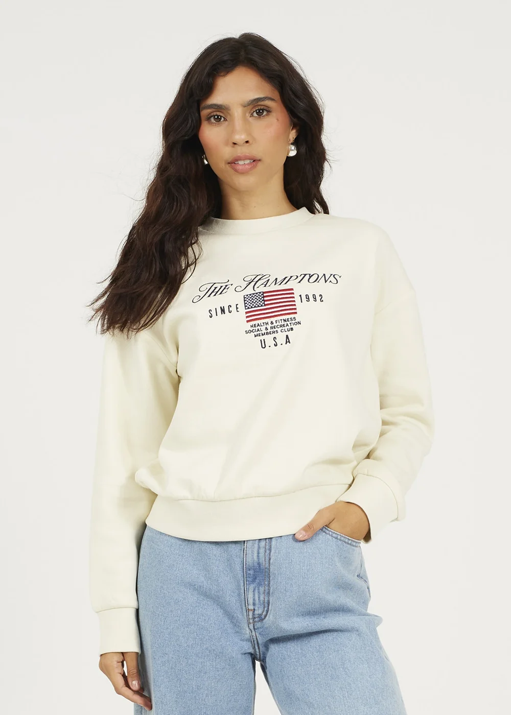 Brave Soul Cream Crew Neck Embroidered Sweatshirt - M Image 1
