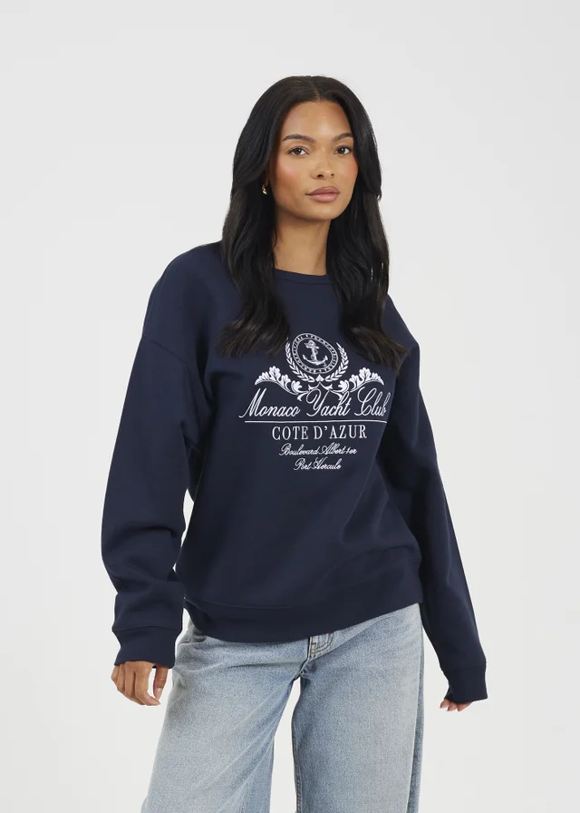 Brave Soul Navy Crew Neck Embroidered Sweatshirt