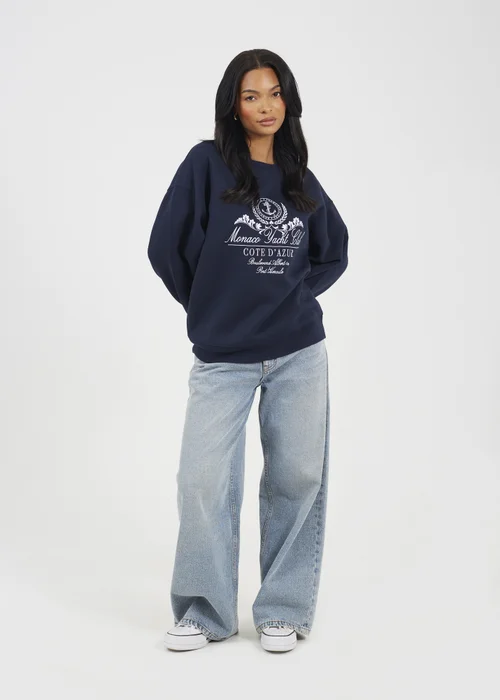 Brave Soul Navy Crew Neck Embroidered Sweatshirt - Medium Image 4