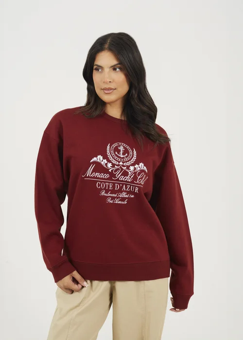 Brave Soul Burgundy Crew Neck Embroidered Sweatshirt - Large Image 1