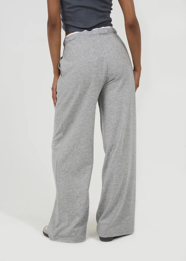 Brave Soul Grey Contrast Double Waistband Wide Leg Joggers