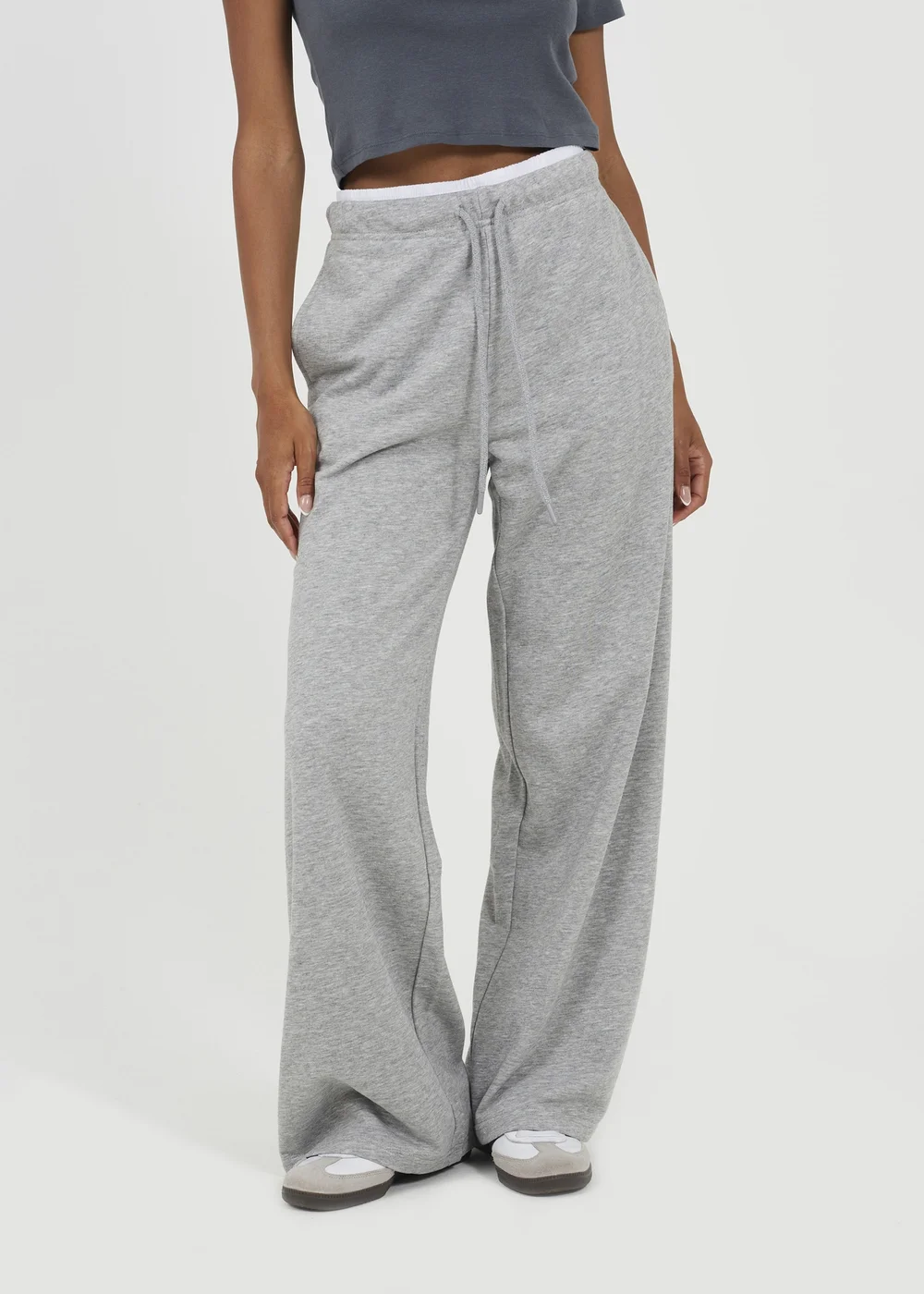 Brave Soul Grey Contrast Double Waistband Wide Leg Joggers - XL Image 1