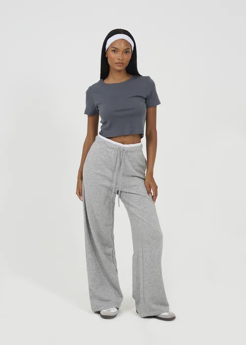 Brave Soul Grey Contrast Double Waistband Wide Leg Joggers - XL Image 4