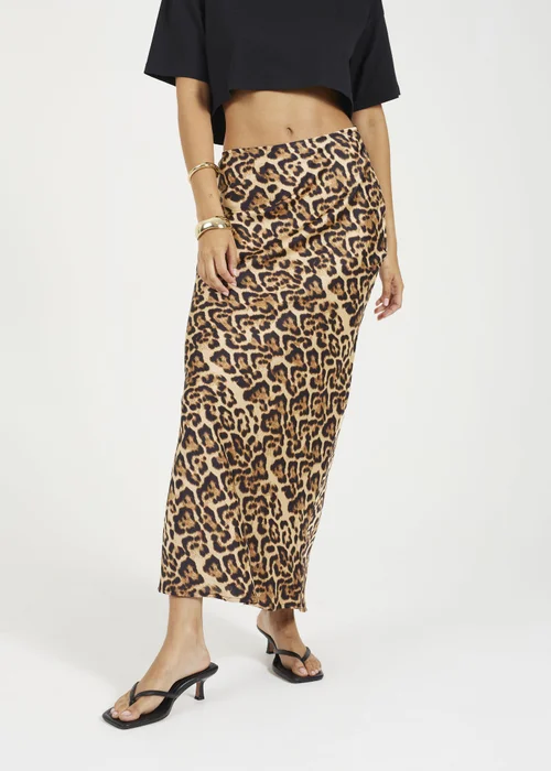 Brave Soul Brown Leopard Print Satin Midi Skirt - Medium Image 1