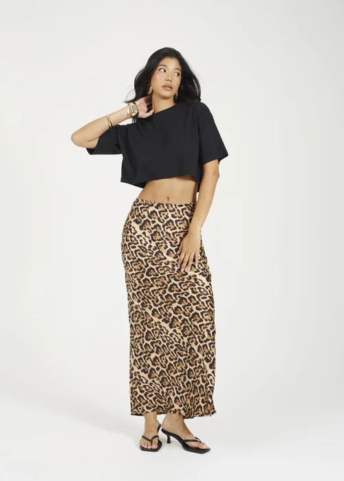 Brave Soul Brown Leopard Print Satin Midi Skirt - Medium Image 4