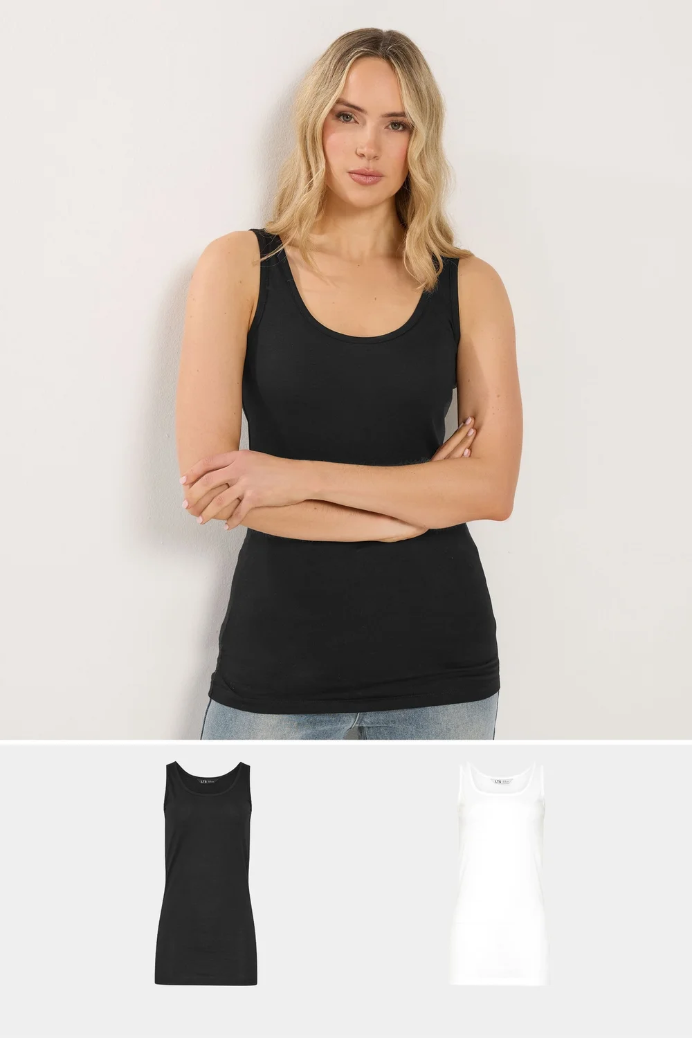 Long Tall Sally 2 Pack Black & White Vest Tops - 8 Image 1