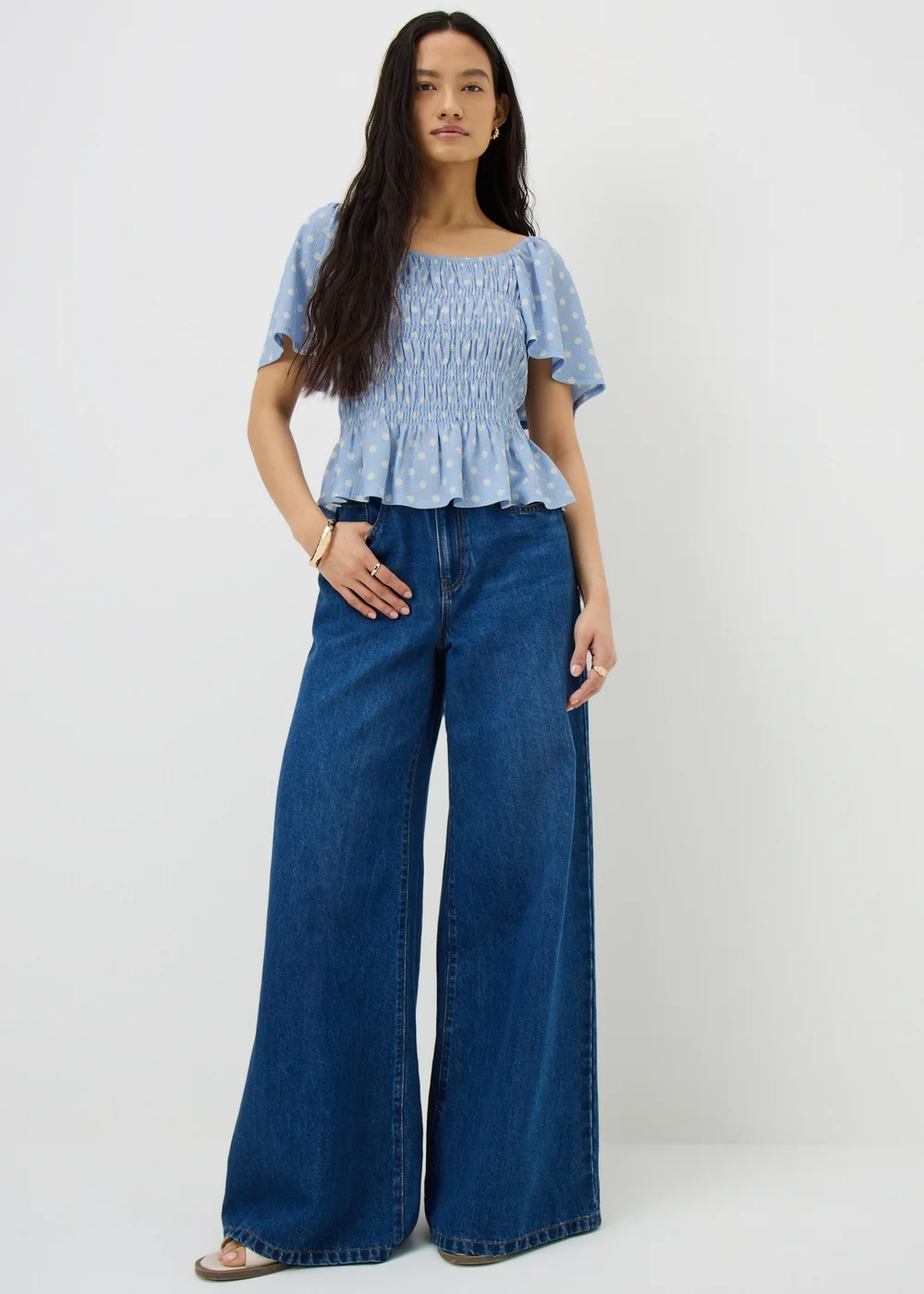 Blue Polka Dot Shirred Angel Sleeve Top - 22 Image 1