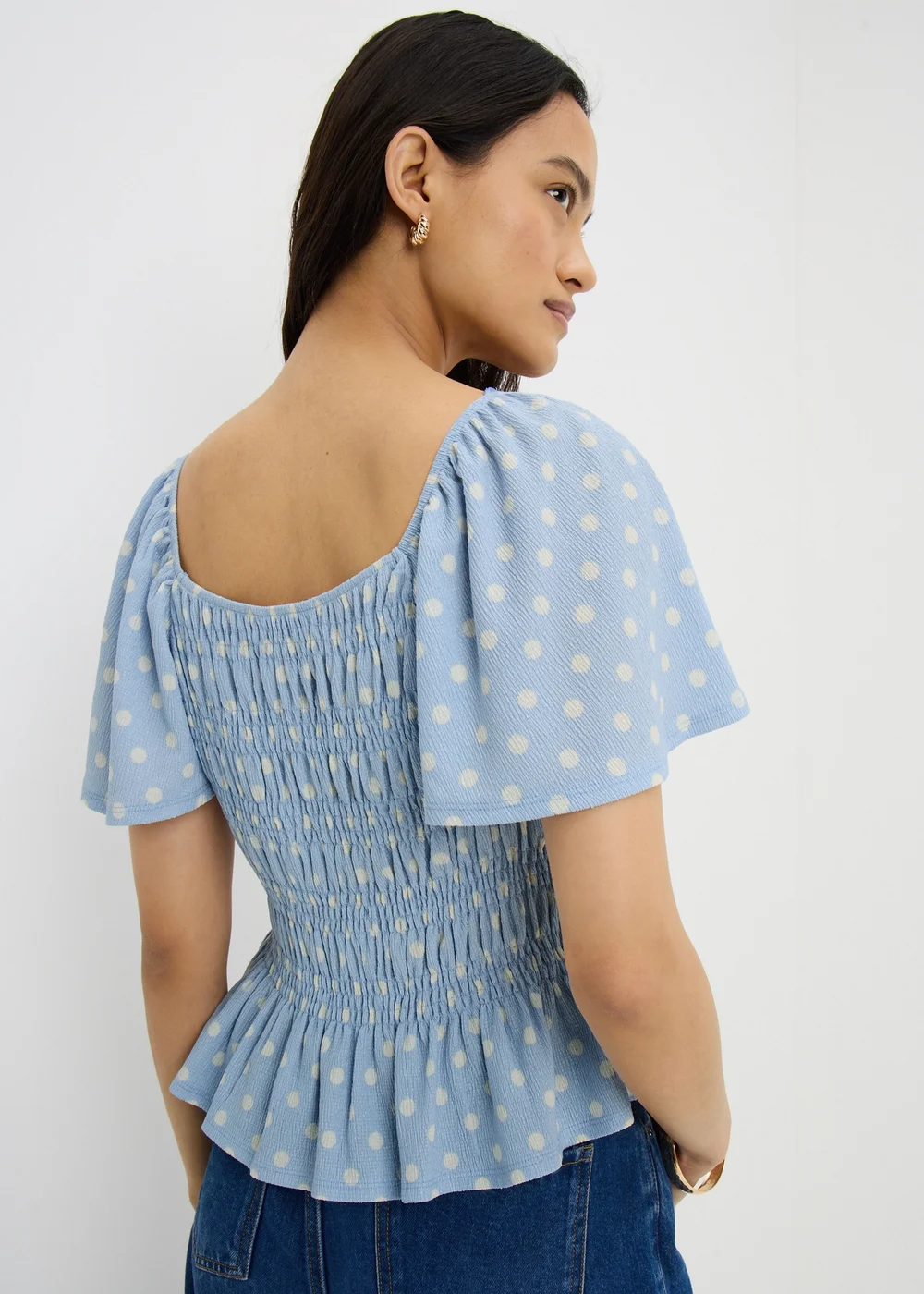 Blue Polka Dot Shirred Angel Sleeve Top - 22 Image 2
