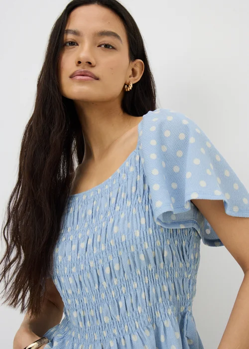 Blue Polka Dot Shirred Angel Sleeve Top - 22 Image 3