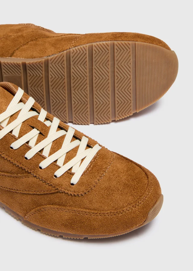 Tan Faux Suede Slim Retro Trainers