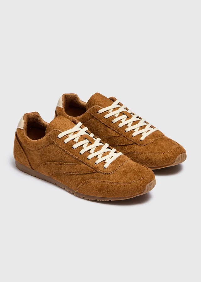 Tan Faux Suede Slim Retro Trainers