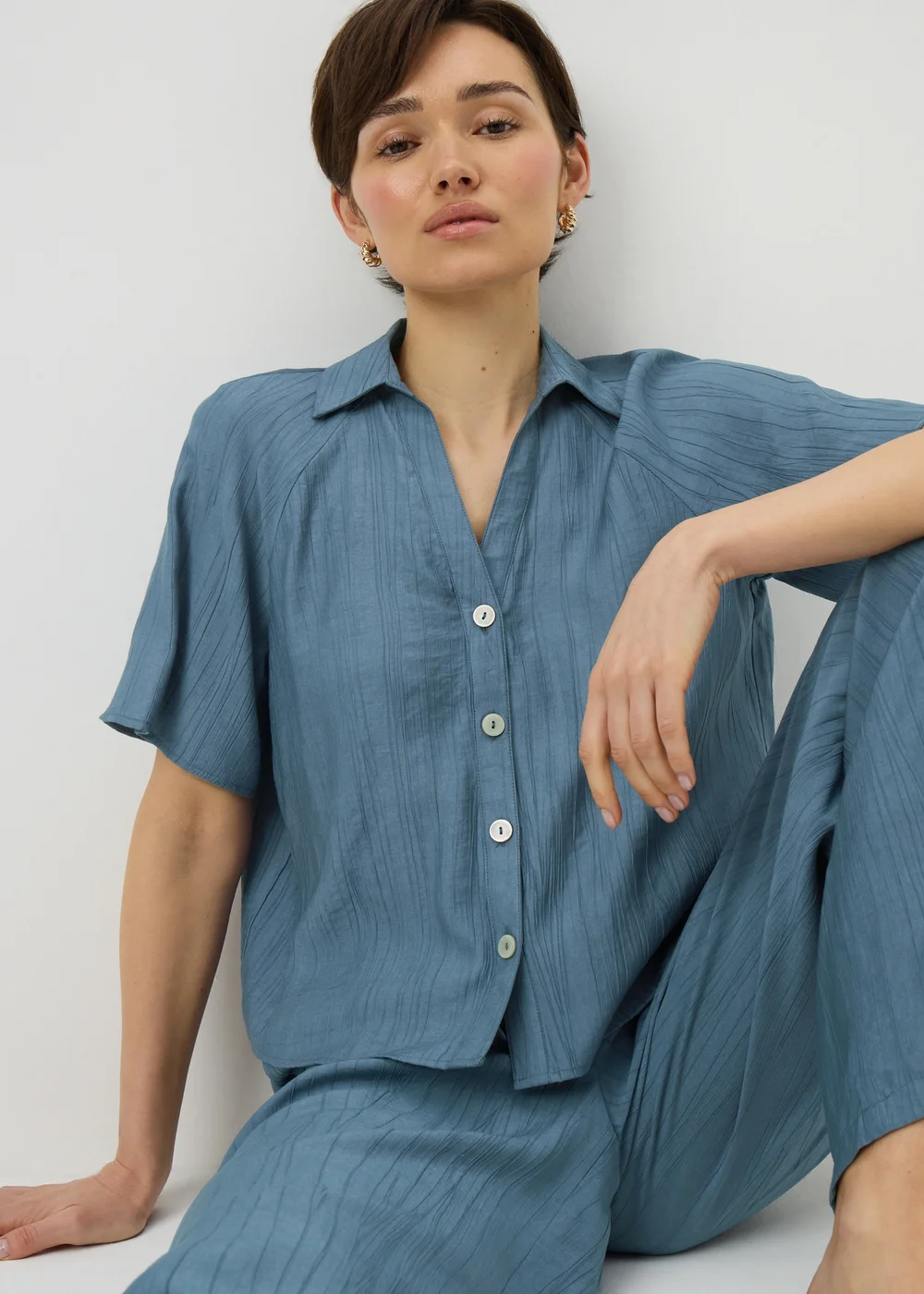 Papaya Petite Blue Crinkle Textured Co Ord Shirt - 12 Image 1