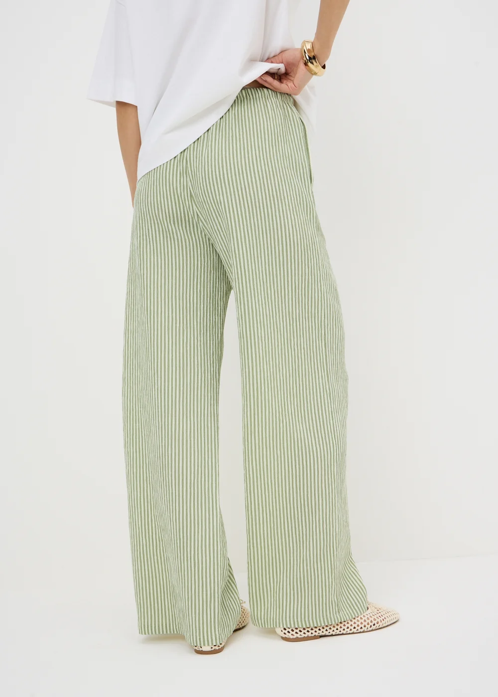 Sage Green Stripe Seersucker Wide Leg Trousers - 18 L Image 2