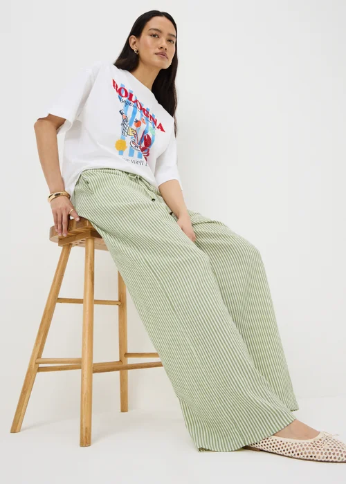 Sage Green Stripe Seersucker Wide Leg Trousers - 18 L Image 1