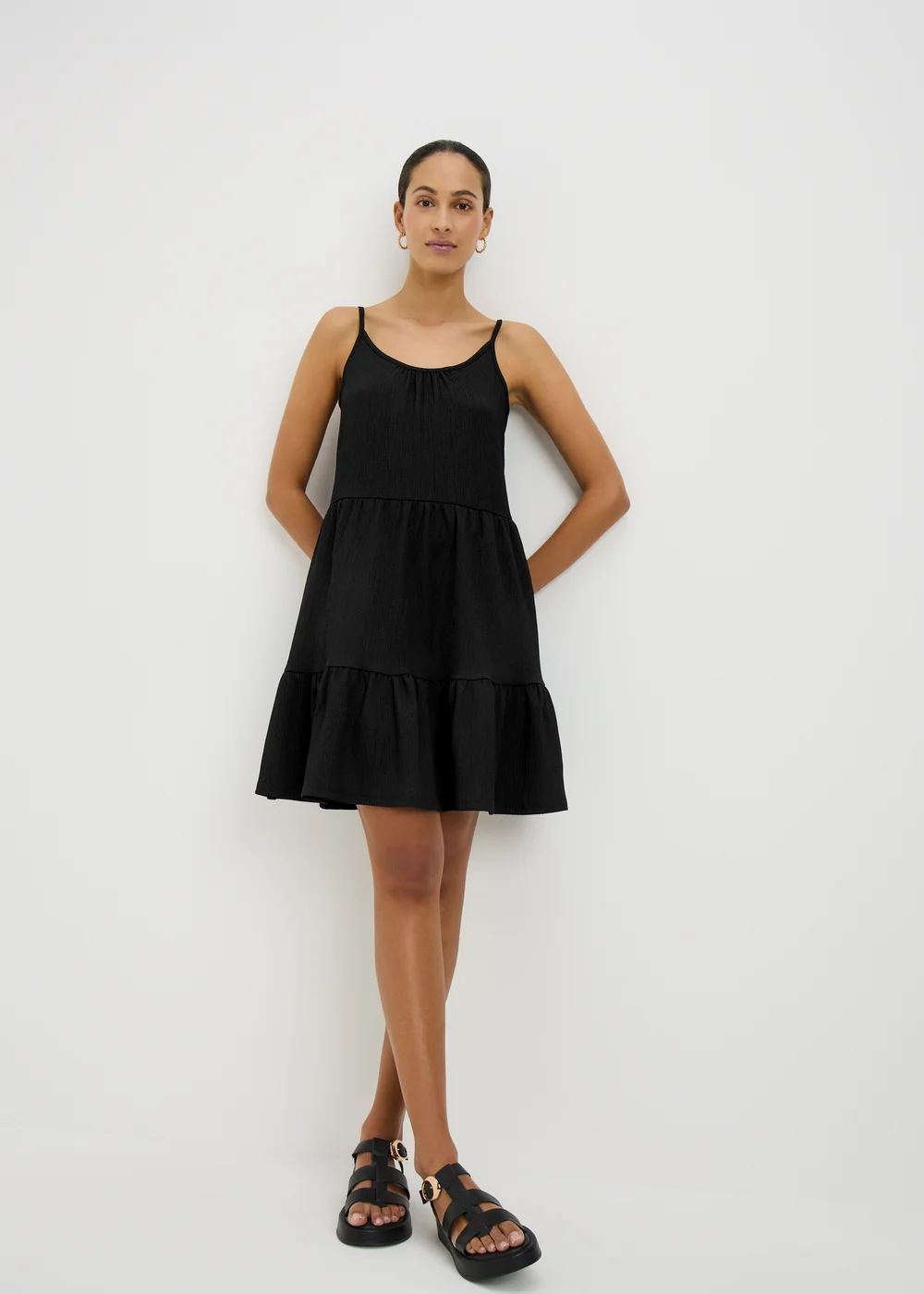 Black Crinkle Cami Tiered Mini Dress - 24 Image 1