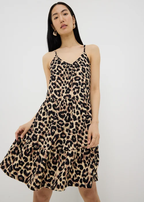 Brown Leopard Crinkle Cami Tiered Mini Dress - 28 Image 1