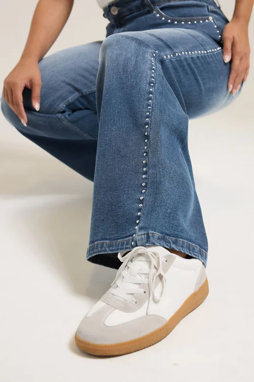 Yours Curve Blue Studded Wide Leg Jeans - 14 Image 4