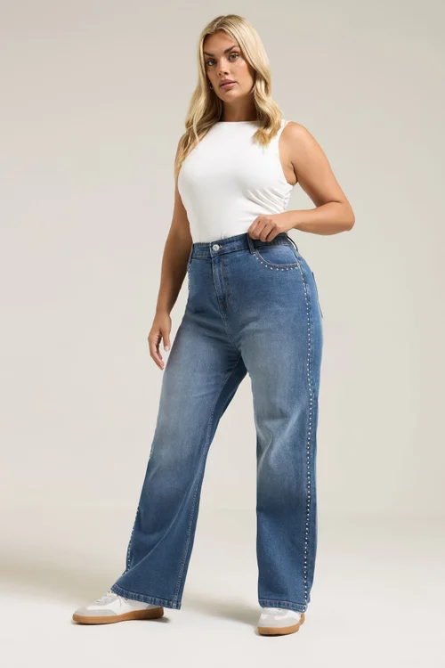 Yours Curve Blue Studded Wide Leg Jeans - 14 Image 2