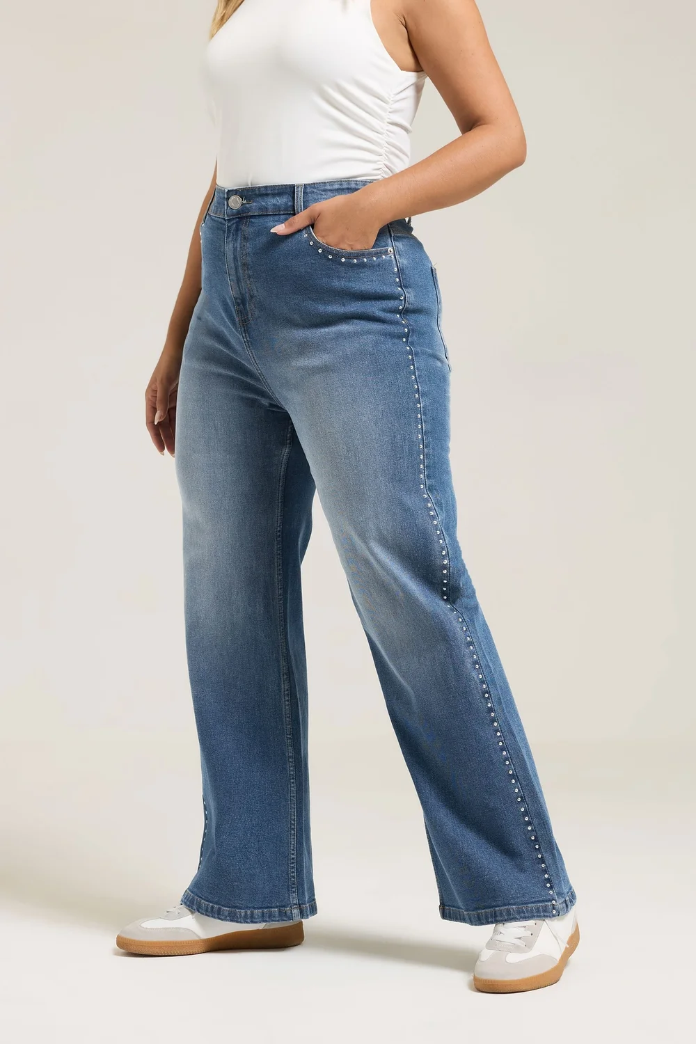 Yours Curve Blue Studded Wide Leg Jeans - 14 Image 1