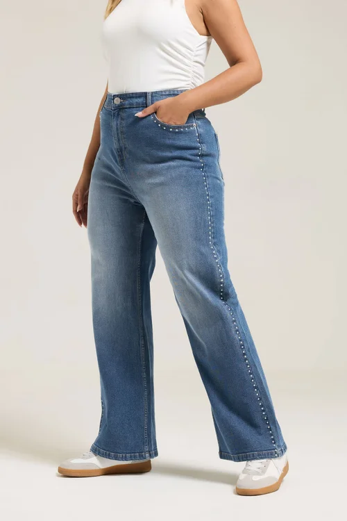 Yours Curve Blue Studded Wide Leg Jeans - 14 Image 1