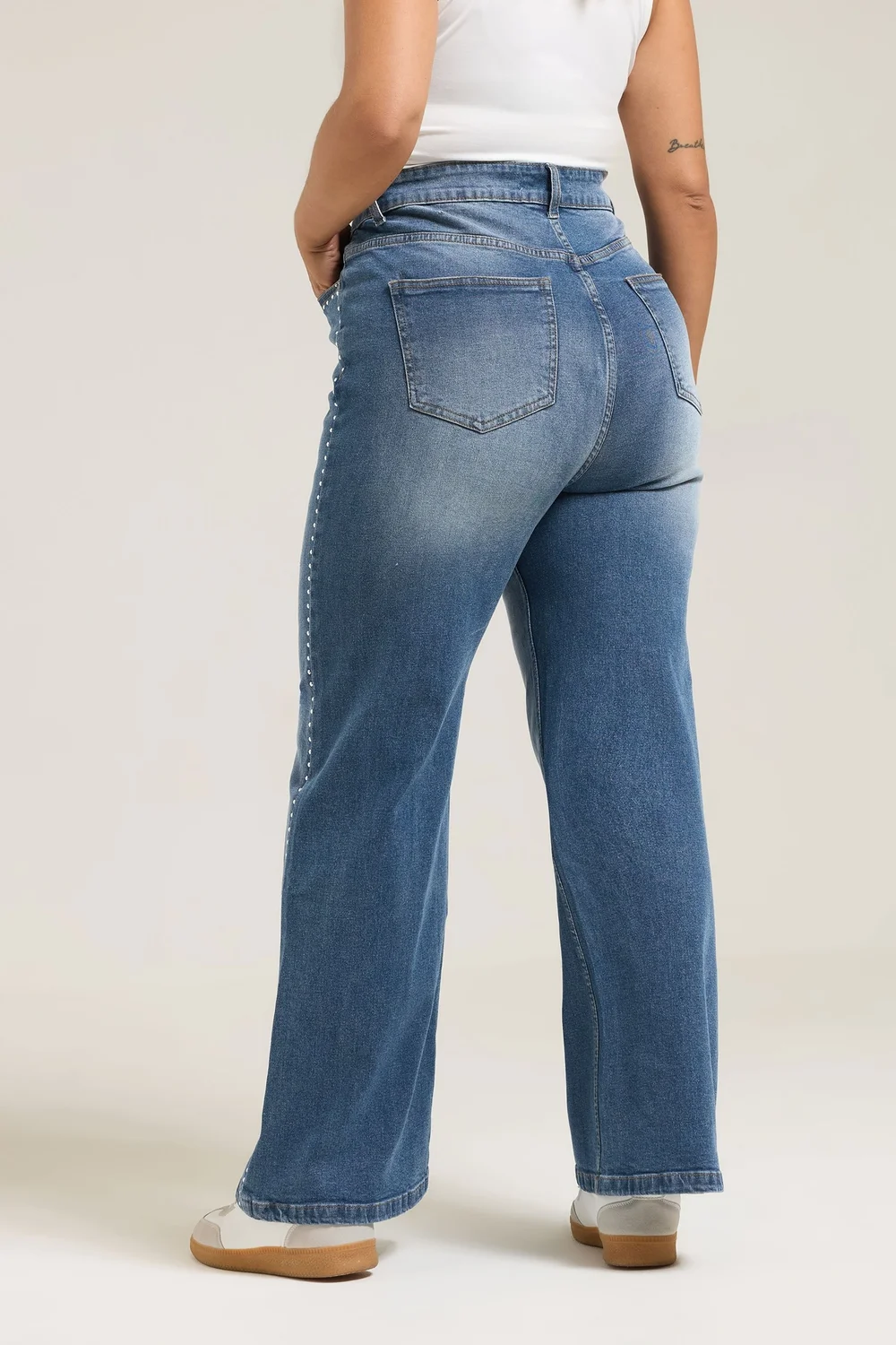 Yours Curve Blue Studded Wide Leg Jeans - 14 Image 3